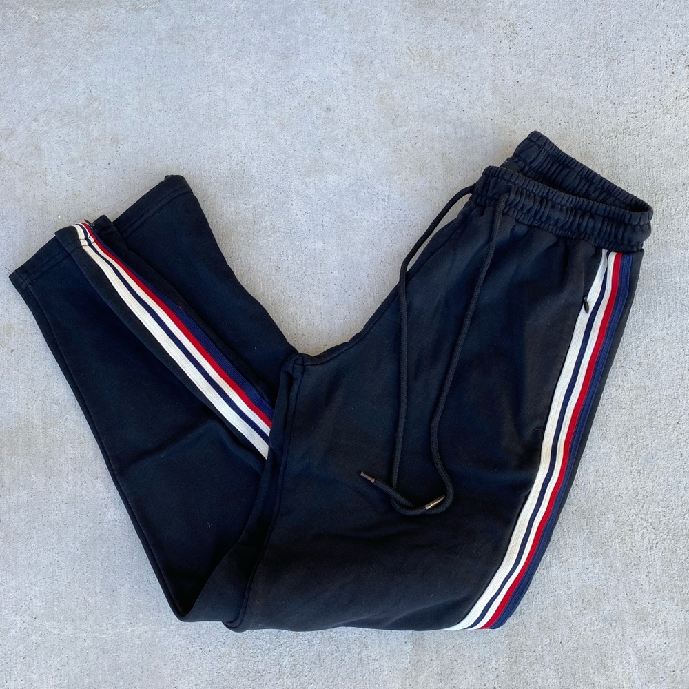 Forever 21 Black Track Jogger Pants with Red, White & Blue Side Stripes
